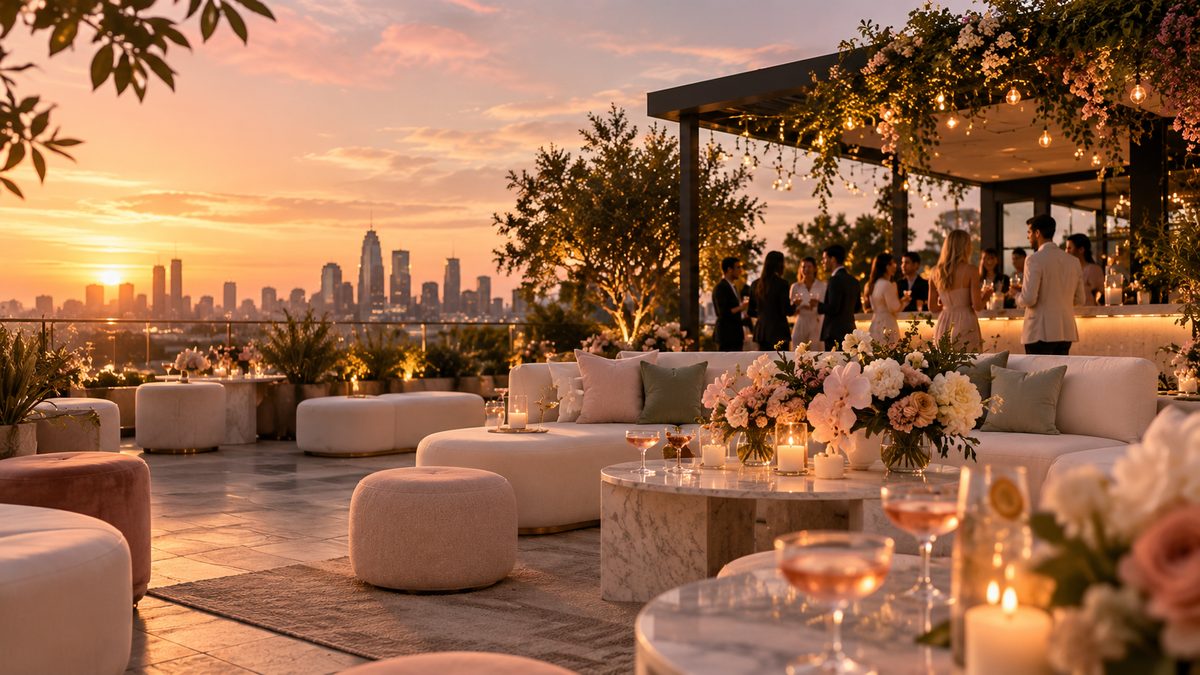 A rooftop gathering at golden hour with low lounge seating, blush florals and candlelight above a city skyline.