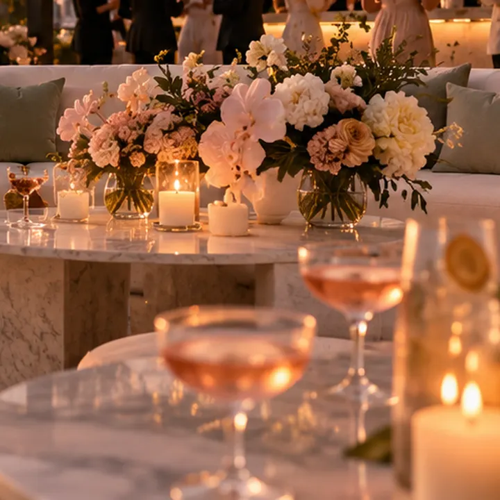 Candlelit marble table with blush florals and glassware.