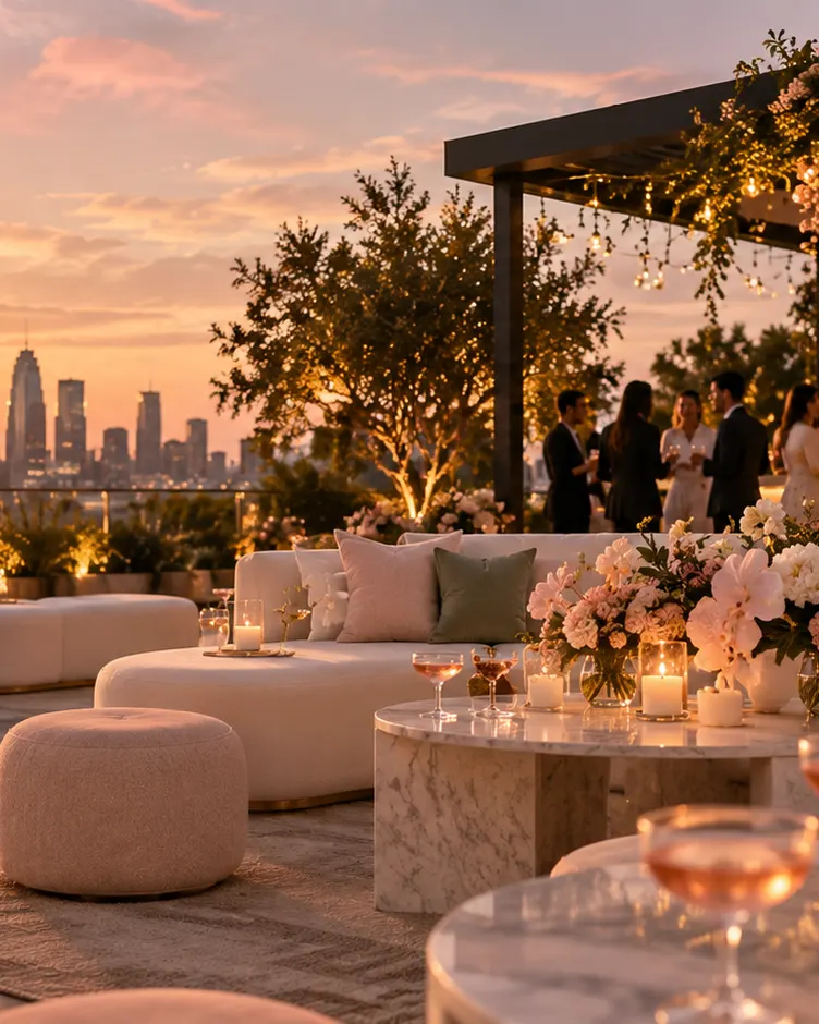 A rooftop gathering at golden hour with low lounge seating, blush florals and candlelight above a city skyline.